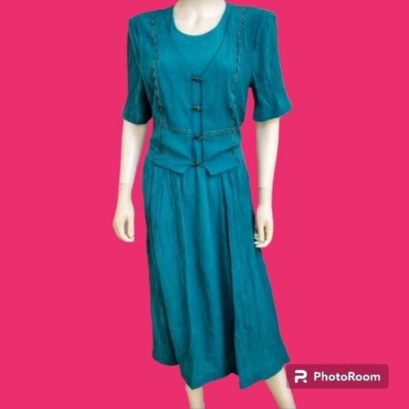 VTG LADY DORBY 1980s Teal Tie Back Broomstick 2Fer Land Girl Power Dress - Picture 1 of 10